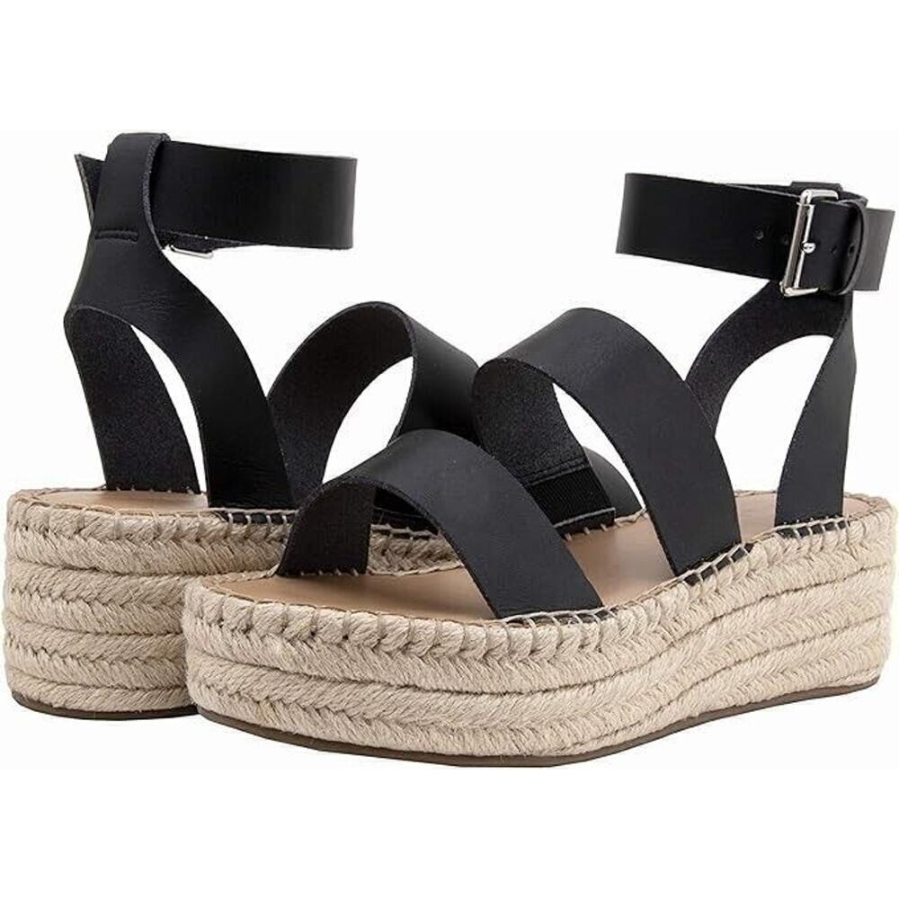 Women's Espadrille Flatform Ankle Strap Sandal Wedge, Faux Leather,‎ Black 7.5 - Picture 4 of 7